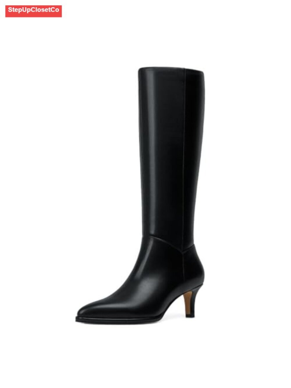 Kitten Heel Knee High Boots Pointed Toe Faux Leather Zip